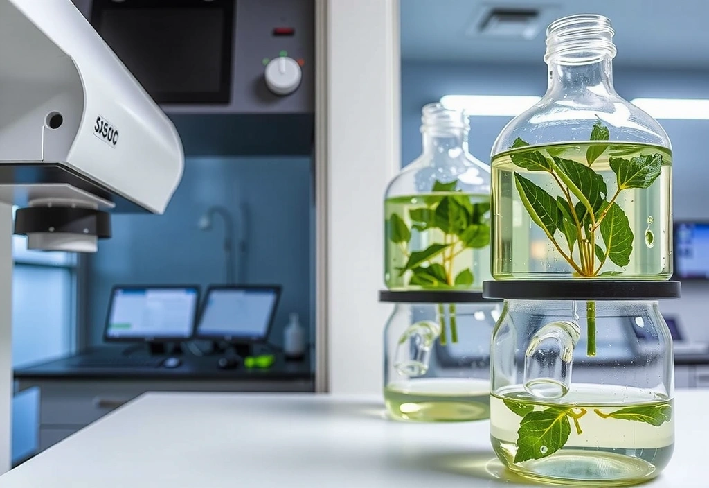 Laboratory equipment for botanical extraction, with bubbling liquids and scientific instruments.