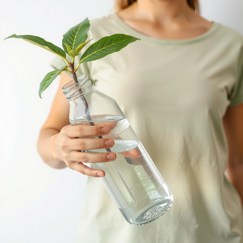 A person holding a reusable water bottle and a small plant, embodying sustainable living choices.