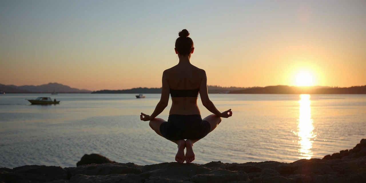 A person meditating peacefully by a calm lake at sunset, illustrating mindfulness and healthy living.