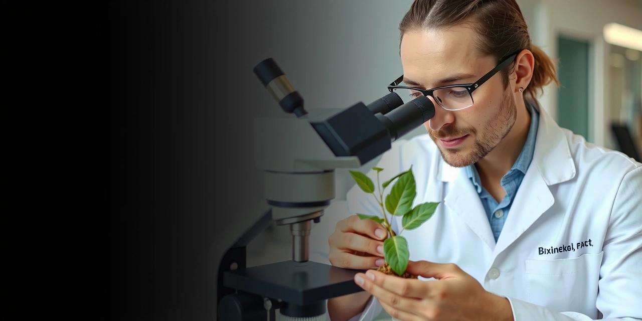 A scientist in a lab coat examining plant samples under a microscope, representing scientific research and ingredient analysis.