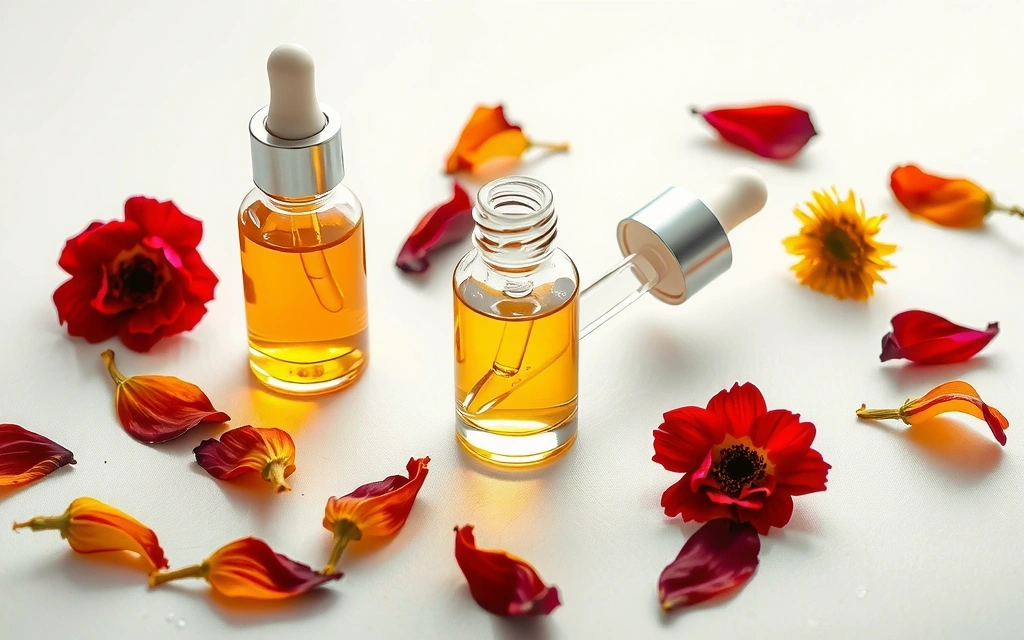 Delicate botanical oils and flower extracts in elegant glass bottles, symbolizing women's hydration and skin health