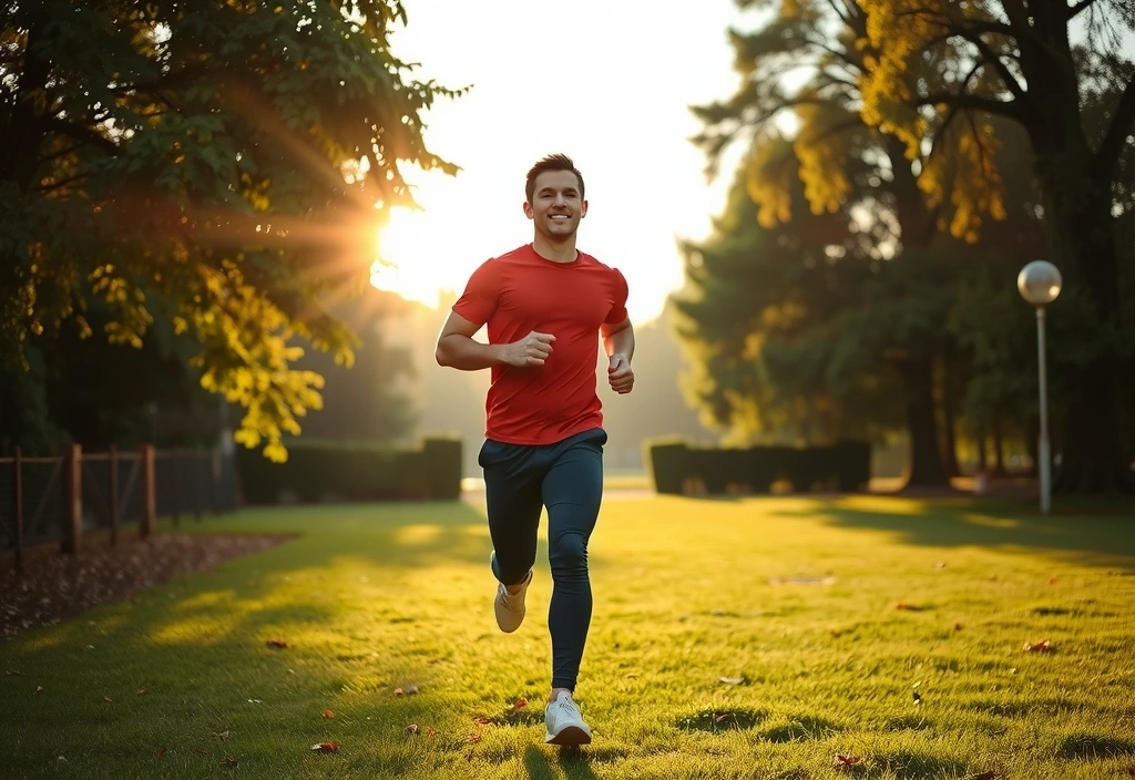Active man jogging through a vibrant park, representing physical endurance and energy