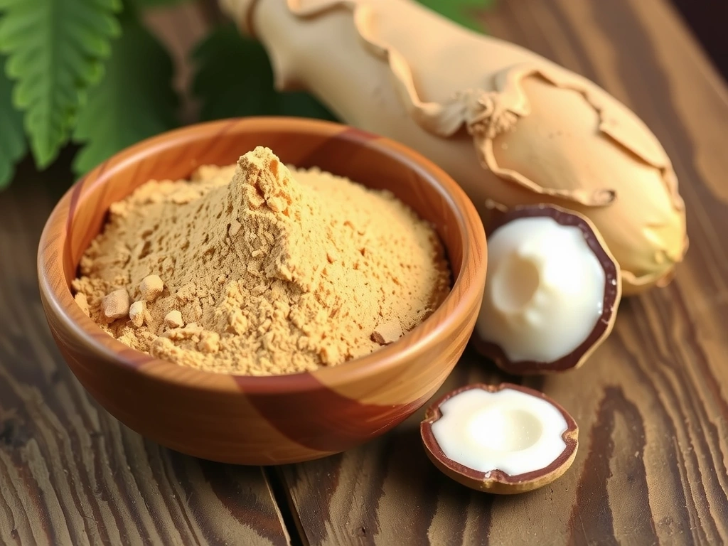 Maca root powder and fresh maca plant, symbolizing vitality
