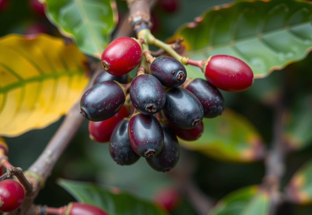 A cluster of vibrant purple acai berries on a branch, with green leaves in a tropical setting.