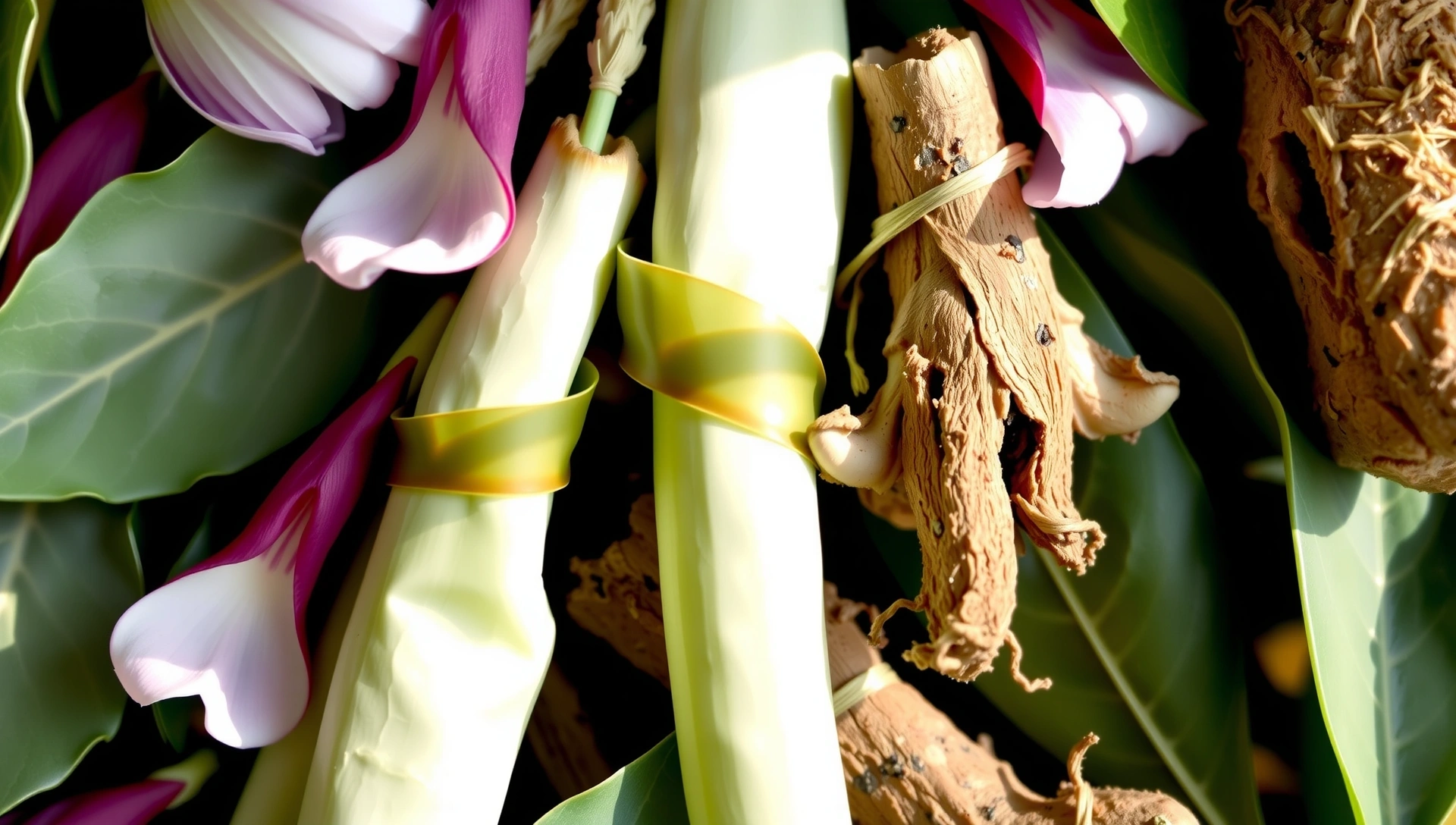 Macro view of pristine botanical ingredients, including vibrant green leaves, delicate petals, and earthy roots, bathed in soft, natural light.