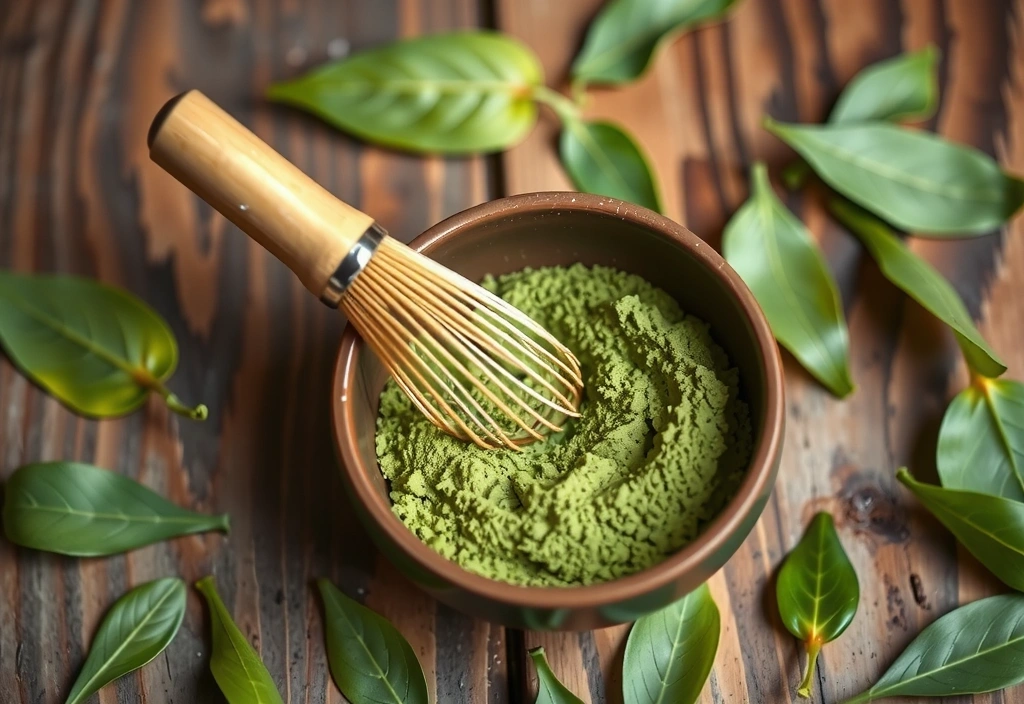 Vibrant green matcha tea powder in a bowl with a bamboo whisk, surrounded by fresh tea leaves.