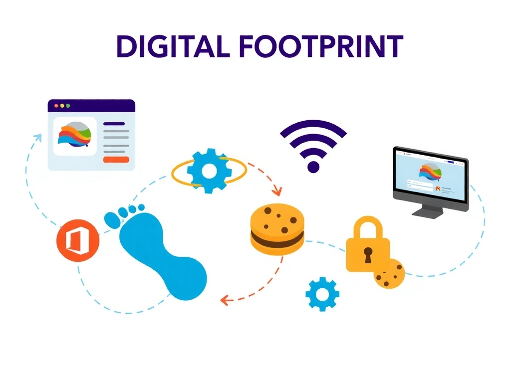 Digital footprint illustration with various icons for web activity