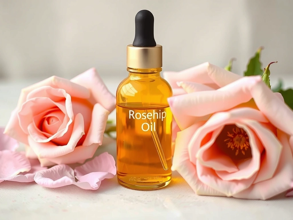 Rosehip oil dropper and rose petals